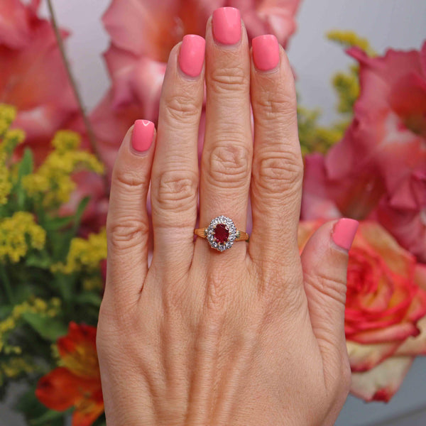Ellibelle Jewellery Vintage 1979 Ruby & Diamond 18ct Gold Oval Cluster Ring