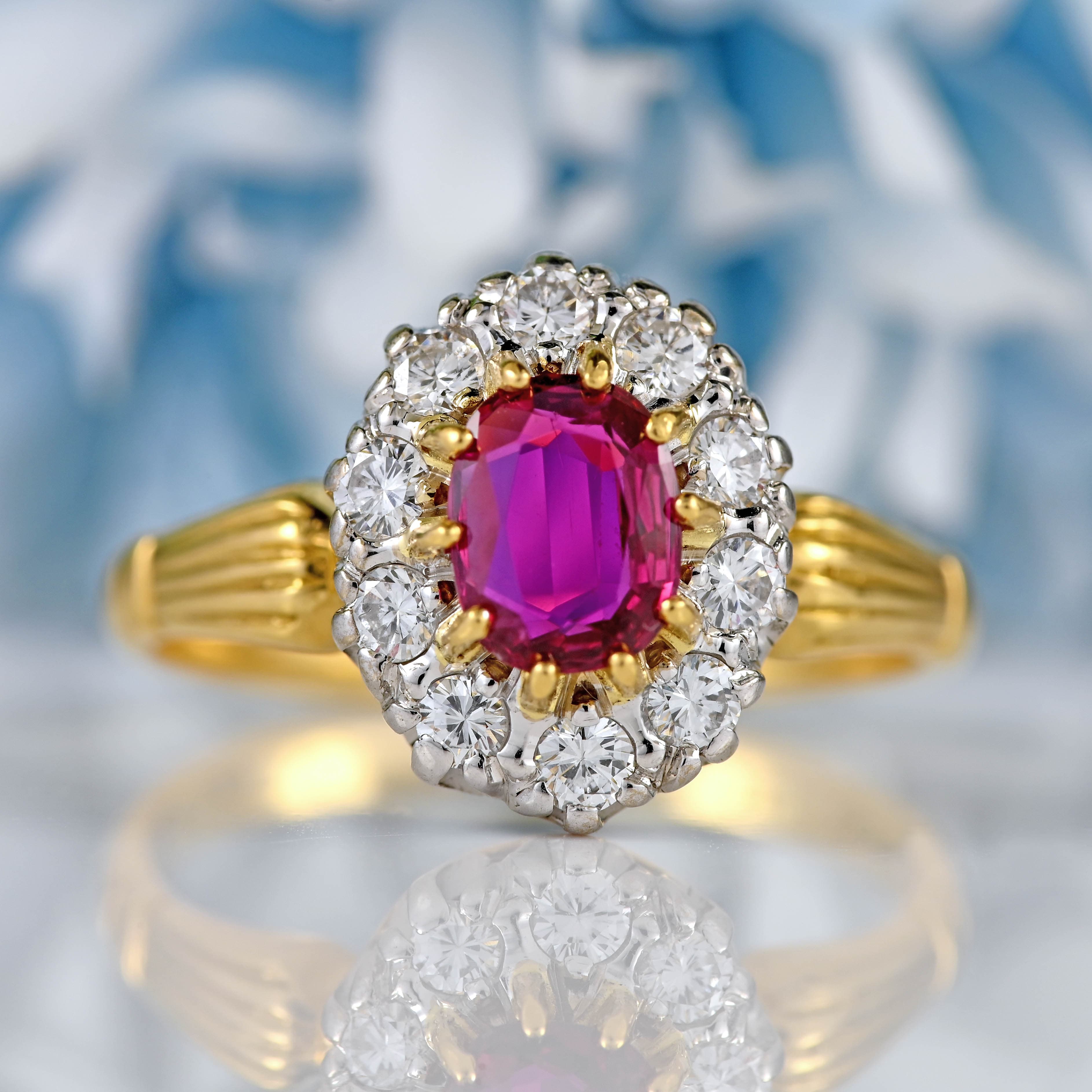 Ellibelle Jewellery Vintage 1979 Ruby & Diamond 18ct Gold Oval Cluster Ring
