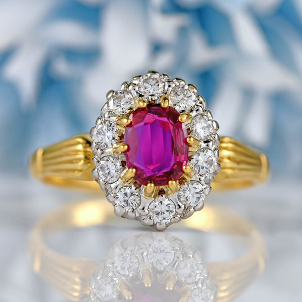 Ellibelle Jewellery Vintage 1979 Ruby & Diamond 18ct Gold Oval Cluster Ring