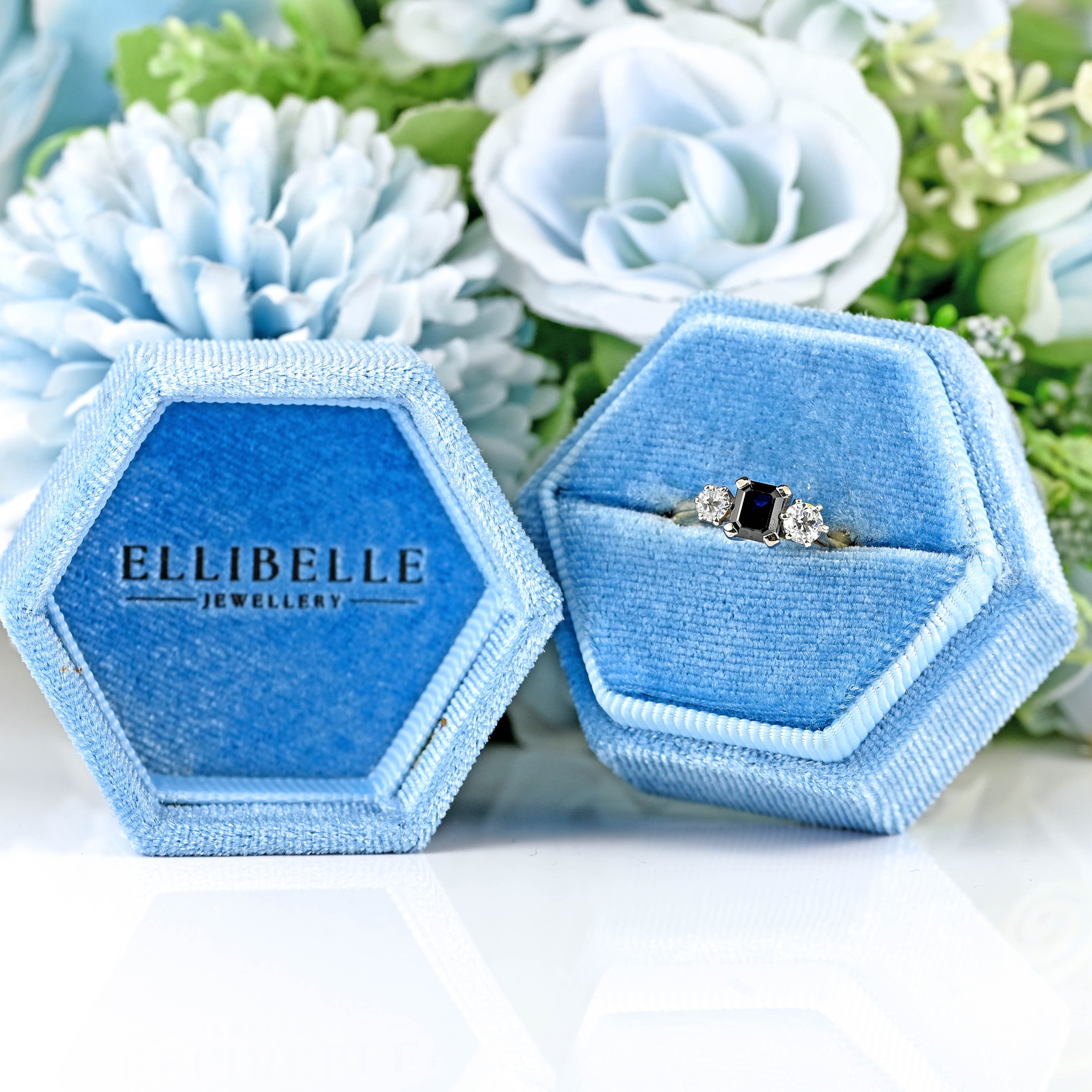 Ellibelle Jewellery Vintage 1979 Sapphire & Diamond 18ct Gold Three-Stone Trilogy Ring