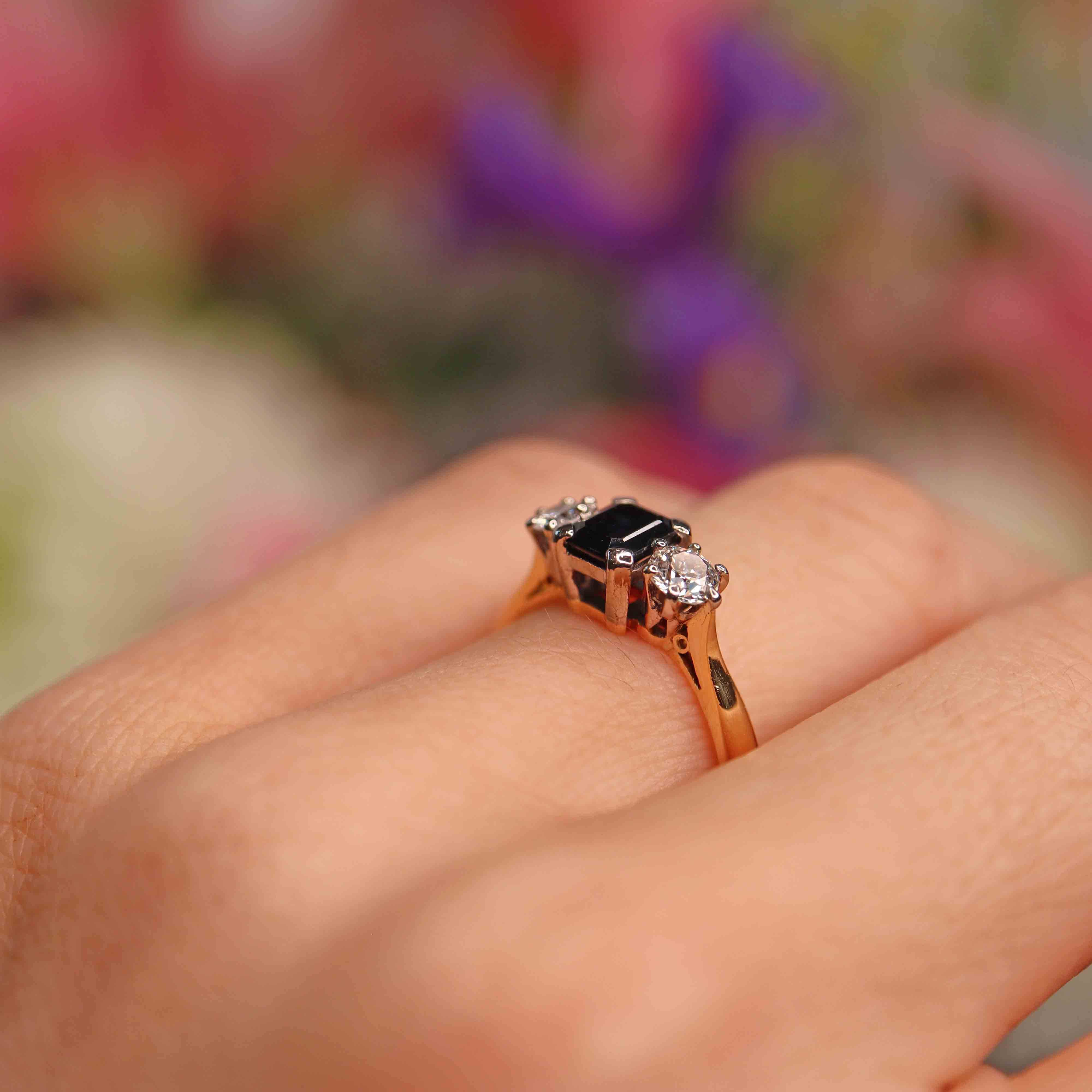 Ellibelle Jewellery Vintage 1979 Sapphire & Diamond 18ct Gold Three-Stone Trilogy Ring