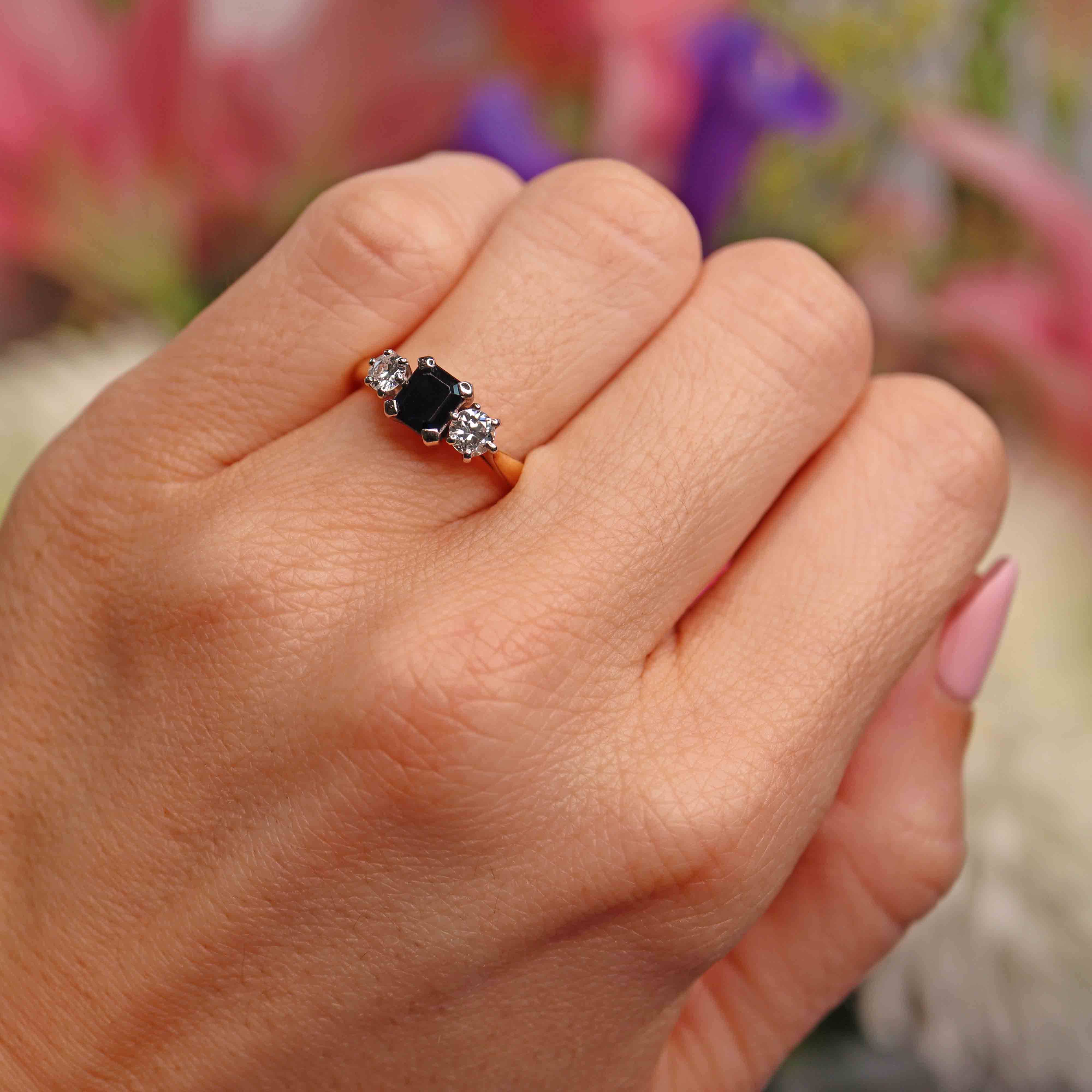 Ellibelle Jewellery Vintage 1979 Sapphire & Diamond 18ct Gold Three-Stone Trilogy Ring
