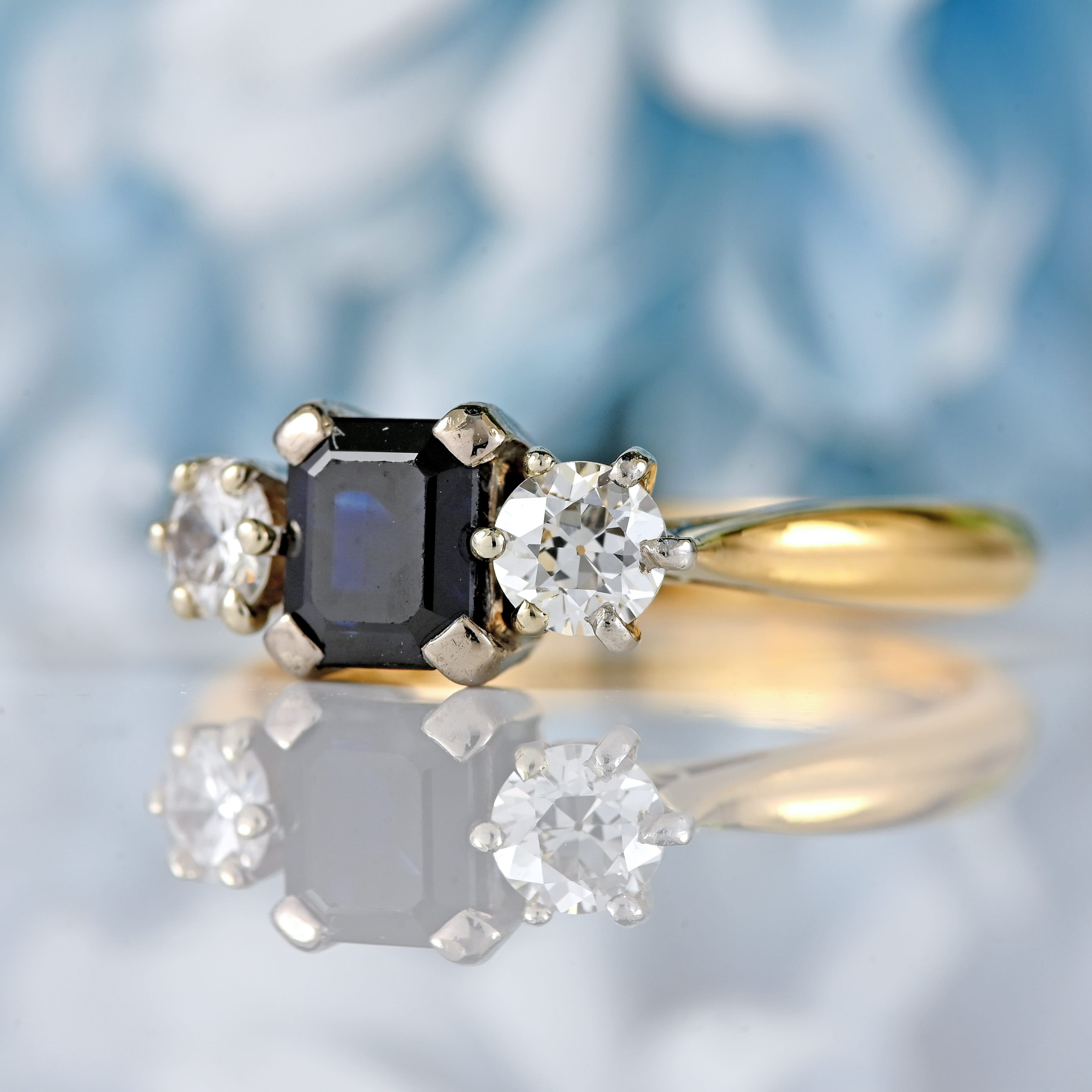 Ellibelle Jewellery Vintage 1979 Sapphire & Diamond 18ct Gold Three-Stone Trilogy Ring