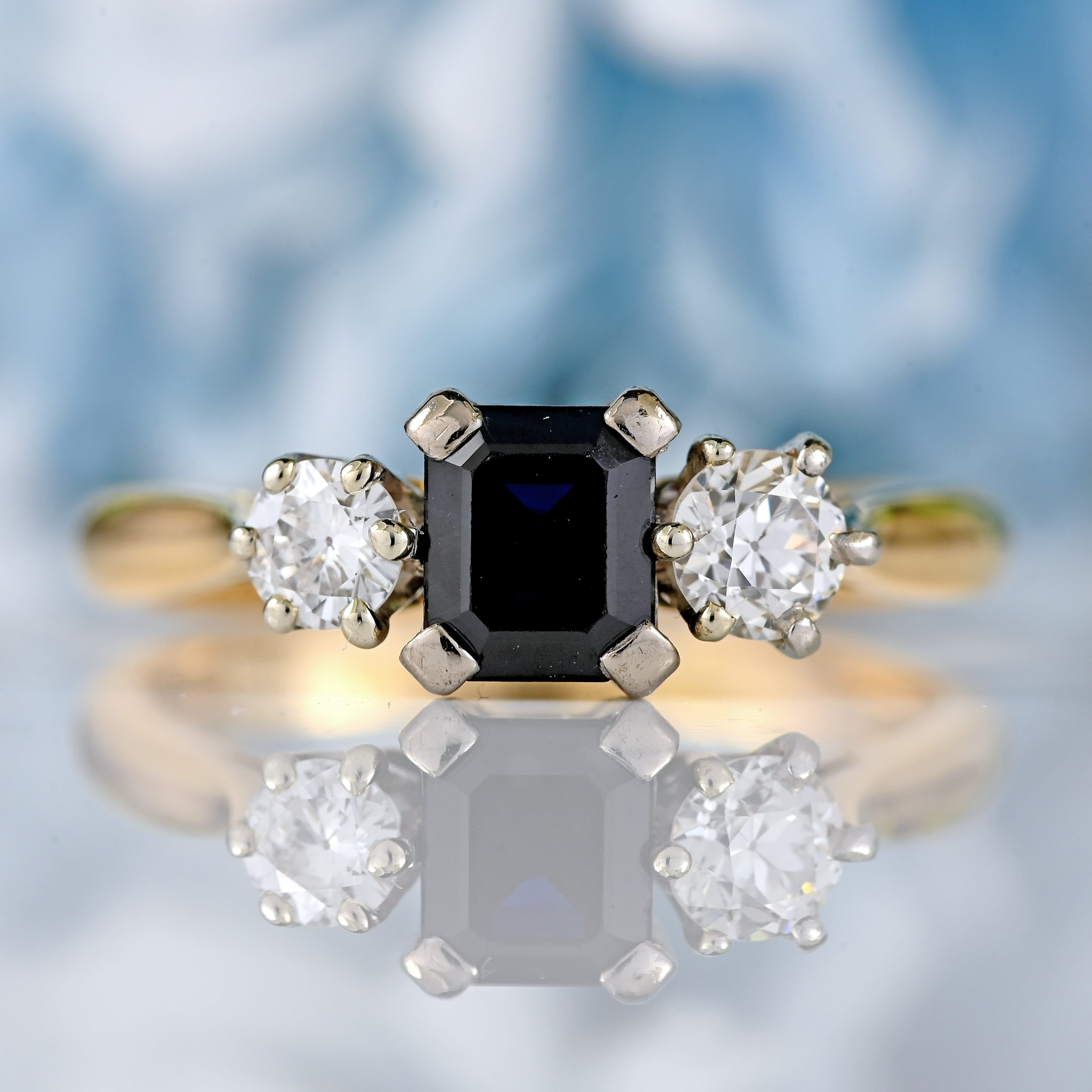 Ellibelle Jewellery Vintage 1979 Sapphire & Diamond 18ct Gold Three-Stone Trilogy Ring