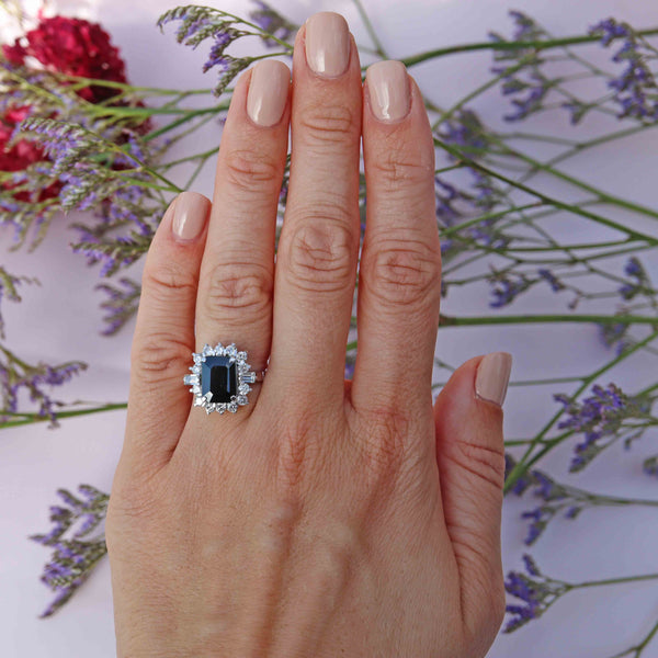 Ellibelle Jewellery Vintage 1979 Sapphire & Diamond 18ct White Gold Cluster Engagement Ring