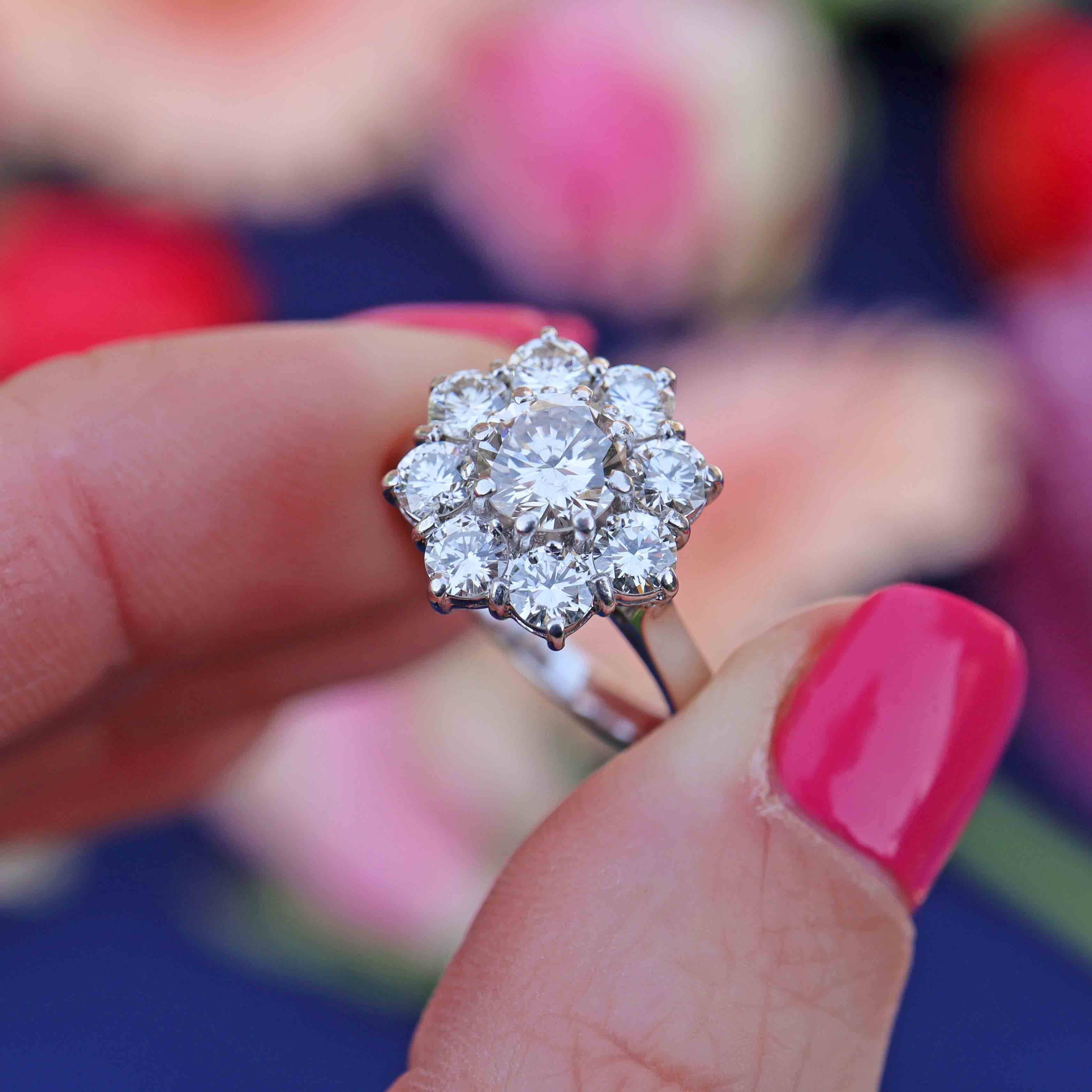 Ellibelle Jewellery Vintage 1980 Diamond 18ct White Gold Daisy Cluster Engagement Ring (2.00cts)