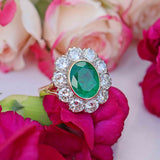 Ellibelle Jewellery Vintage 1980 Emerald & Diamond 18ct Gold Cluster Engagement Ring (3.60cts)