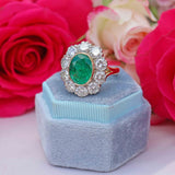 Ellibelle Jewellery Vintage 1980 Emerald & Diamond 18ct Gold Cluster Engagement Ring (3.60cts)