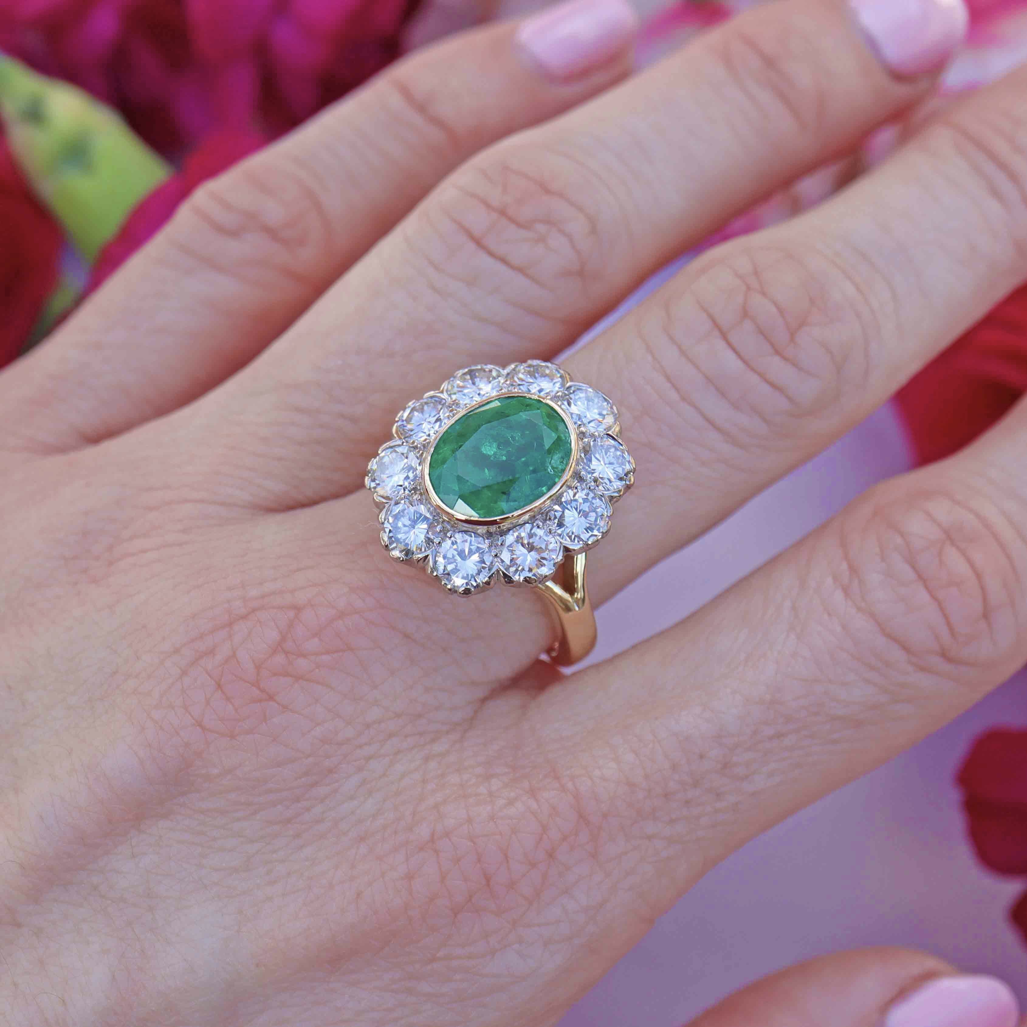 Ellibelle Jewellery Vintage 1980 Emerald & Diamond 18ct Gold Cluster Engagement Ring (3.60cts)
