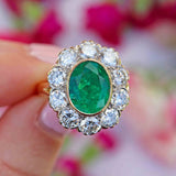Ellibelle Jewellery Vintage 1980 Emerald & Diamond 18ct Gold Cluster Engagement Ring (3.60cts)