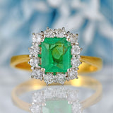 Ellibelle Jewellery Vintage 1980 Emerald & Diamond 18ct Gold Cluster Ring (1.30cts)