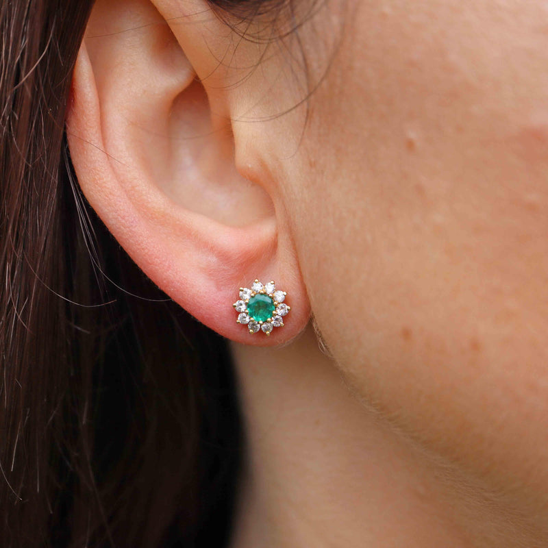 Ellibelle Jewellery Vintage 1980 Emerald & Diamond 18ct Gold Halo Stud Earrings