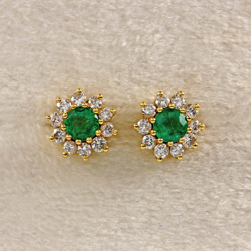 Ellibelle Jewellery Vintage 1980 Emerald & Diamond 18ct Gold Halo Stud Earrings