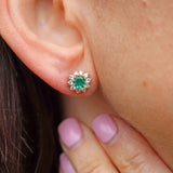 Ellibelle Jewellery Vintage 1980 Emerald & Diamond 18ct Gold Halo Stud Earrings