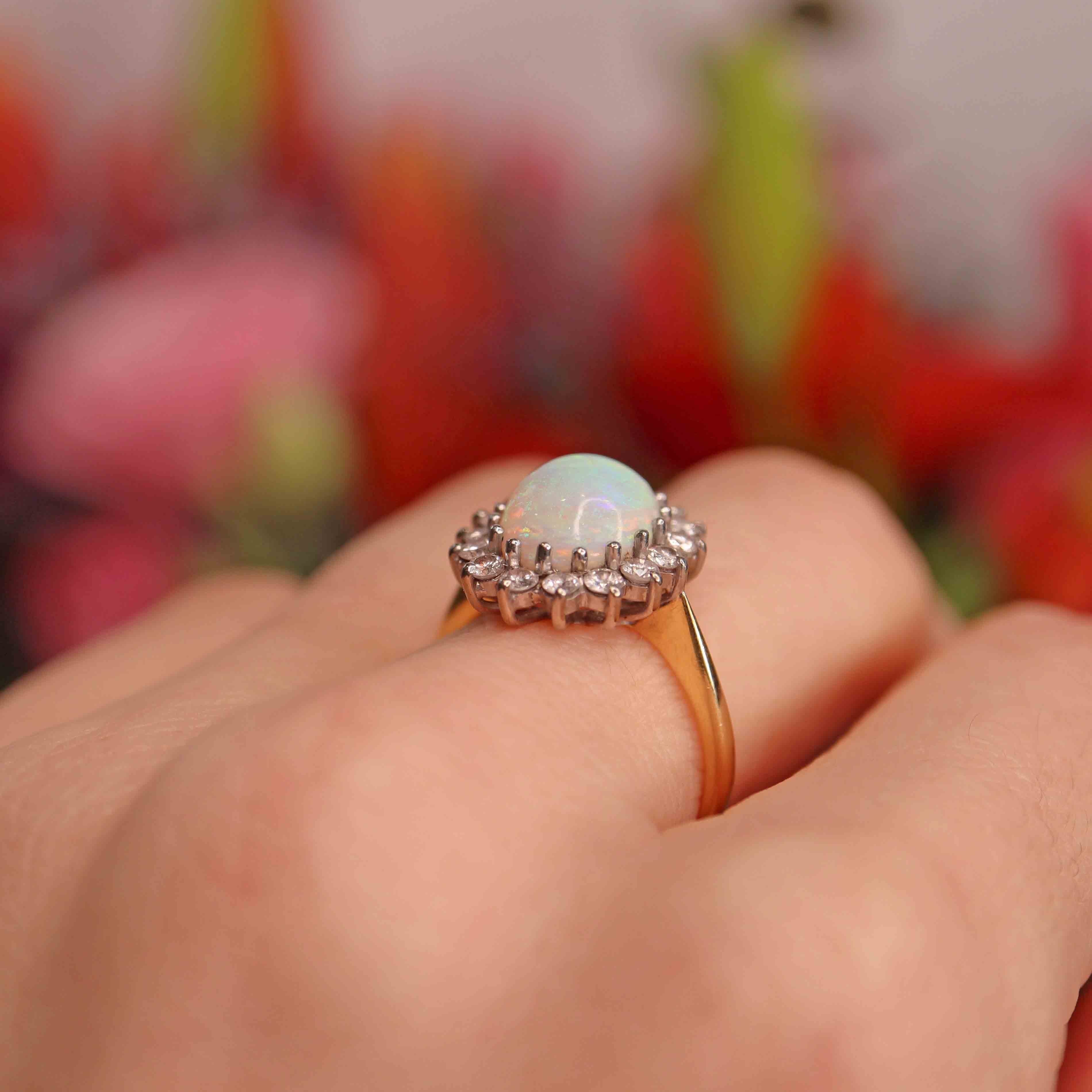 Ellibelle Jewellery Vintage 1980 Opal & Diamond 18ct Gold Cluster Ring (1.85cts)