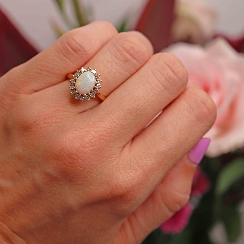 Ellibelle Jewellery Vintage 1980 Opal & Diamond 18ct Gold Cluster Ring