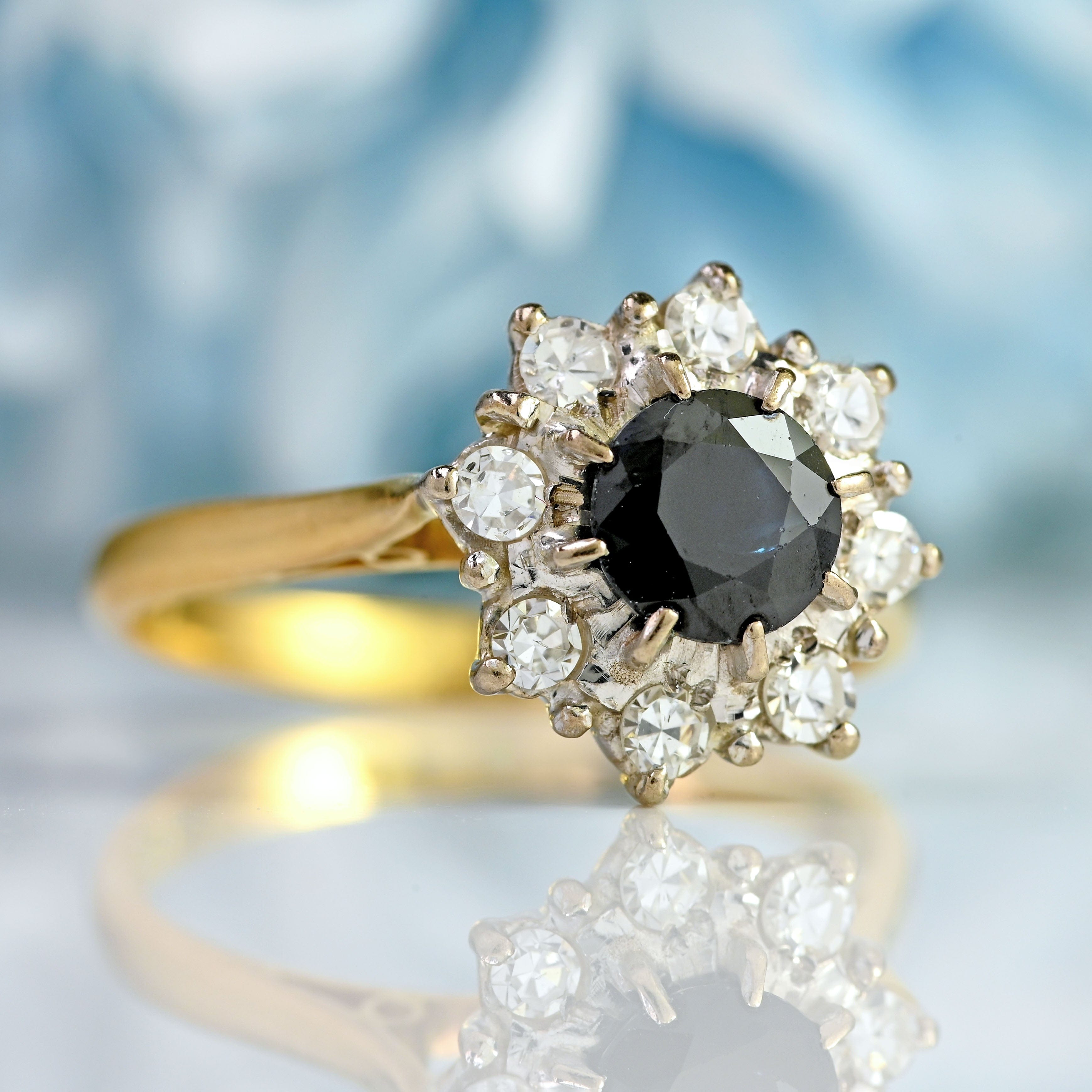 Ellibelle Jewellery Vintage 1980 Sapphire & Diamond 18ct Gold Cluster Ring (1.10cts)