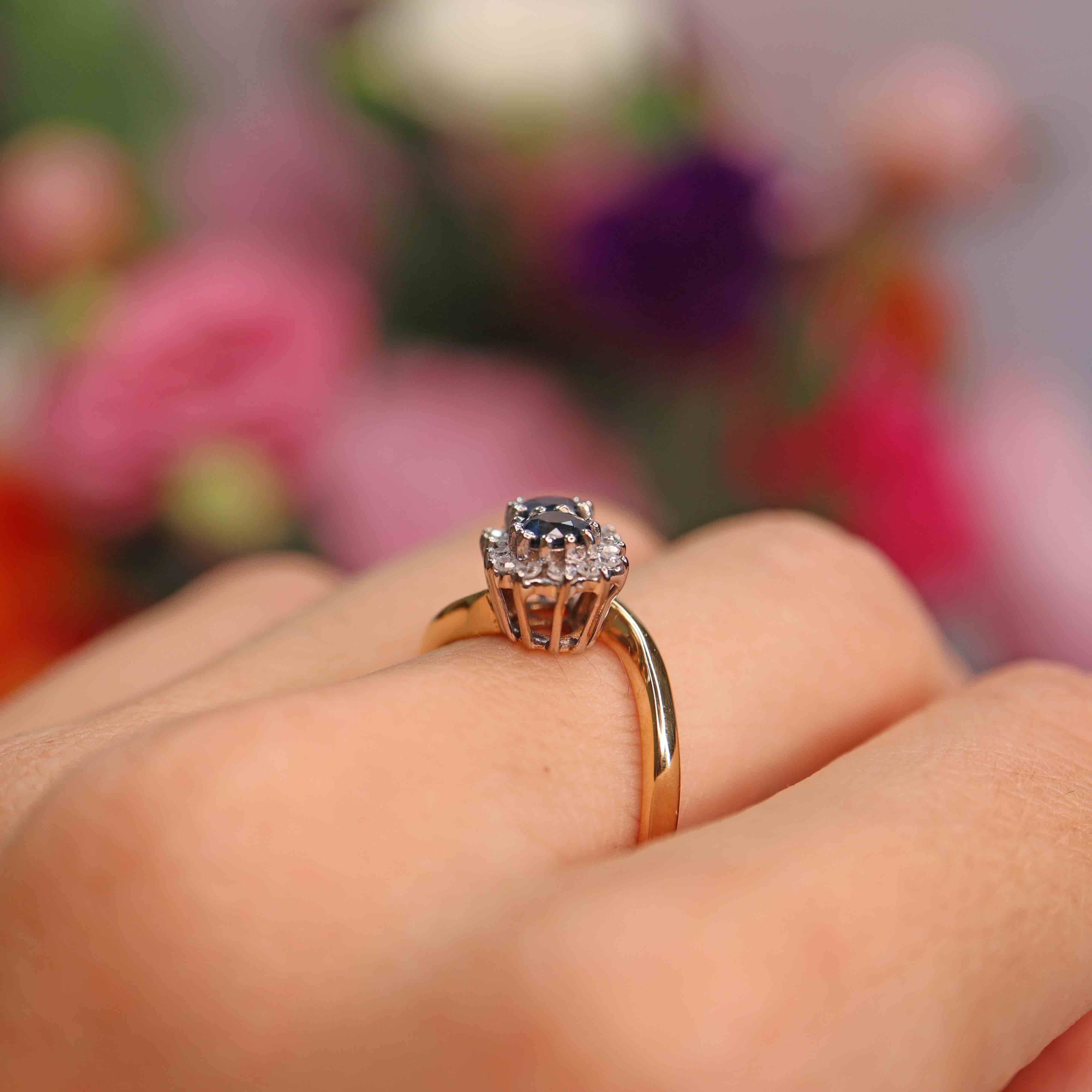 Ellibelle Jewellery Vintage 1980 Sapphire & Diamond 18ct Gold Double-Cluster Crossover Ring