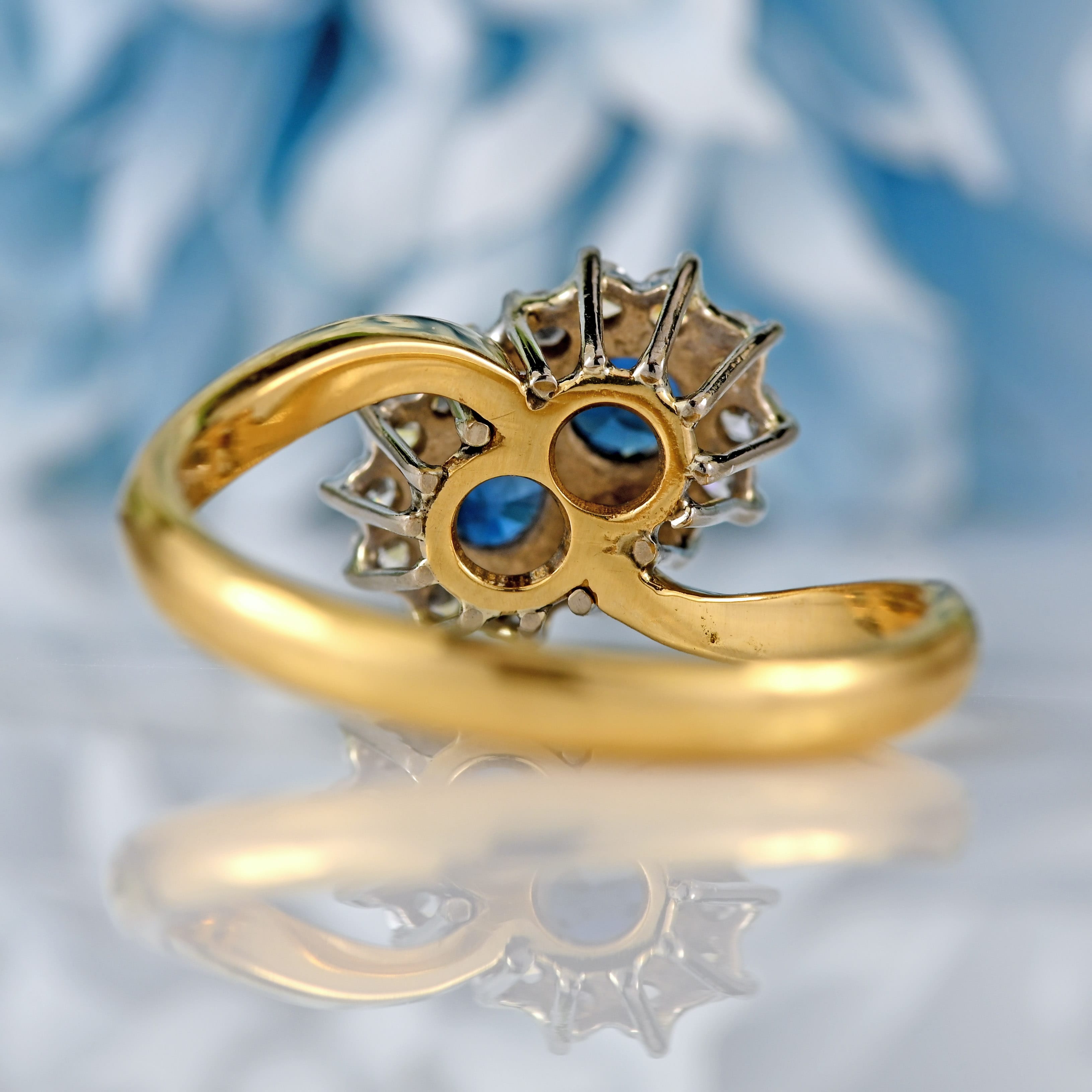 Ellibelle Jewellery Vintage 1980 Sapphire & Diamond 18ct Gold Double-Cluster Crossover Ring
