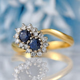 Ellibelle Jewellery Vintage 1980 Sapphire & Diamond 18ct Gold Double-Cluster Crossover Ring