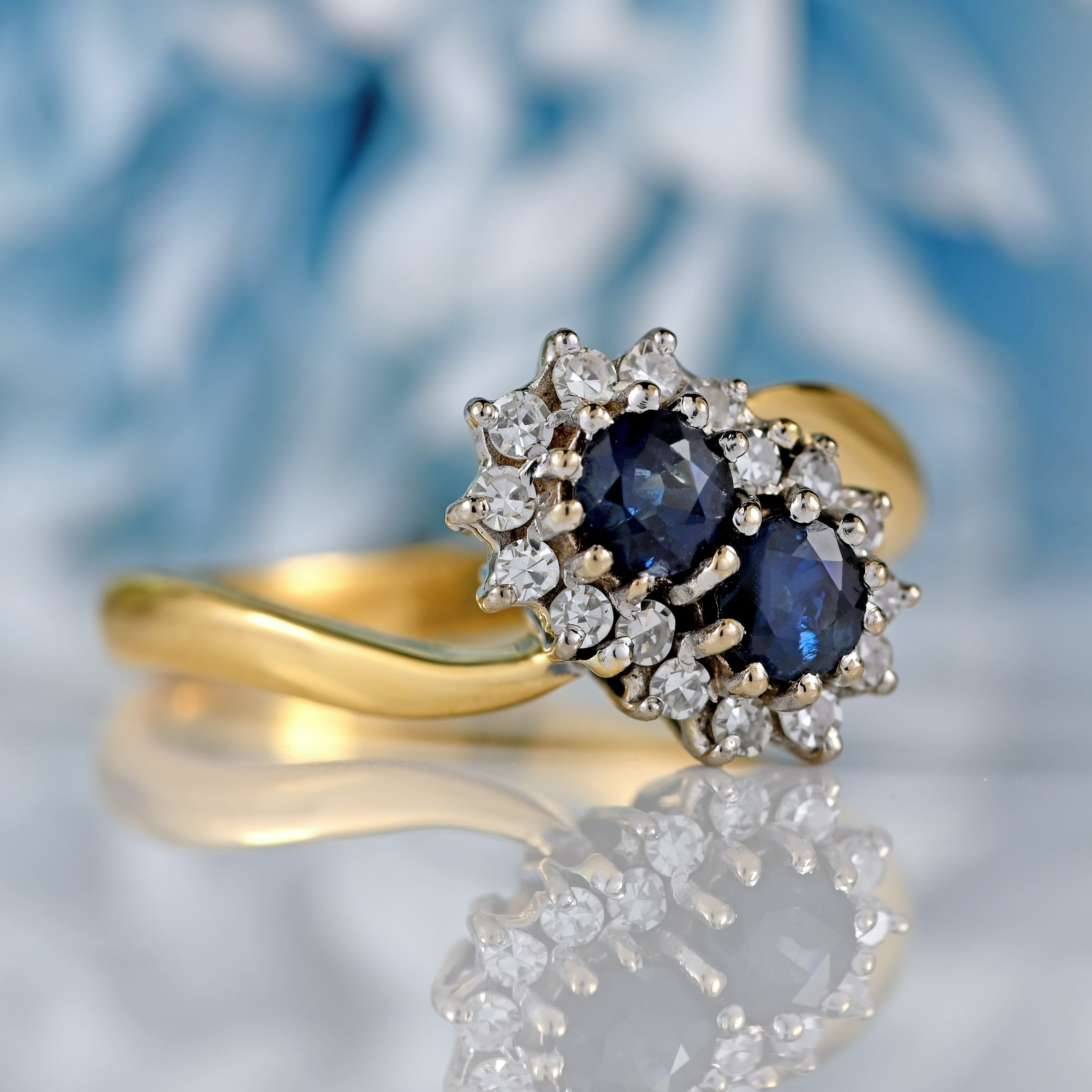 Ellibelle Jewellery Vintage 1980 Sapphire & Diamond 18ct Gold Double-Cluster Crossover Ring