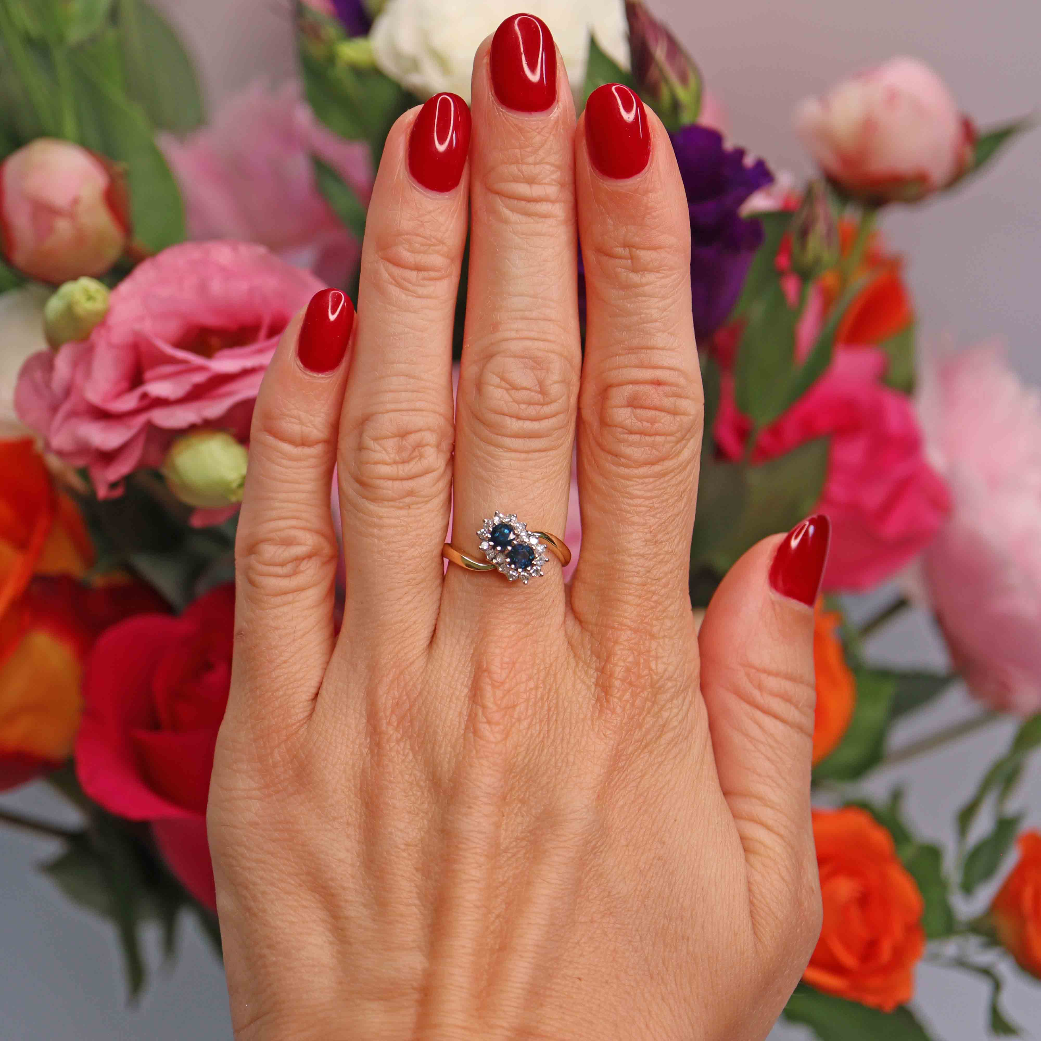 Ellibelle Jewellery Vintage 1980 Sapphire & Diamond 18ct Gold Double-Cluster Crossover Ring