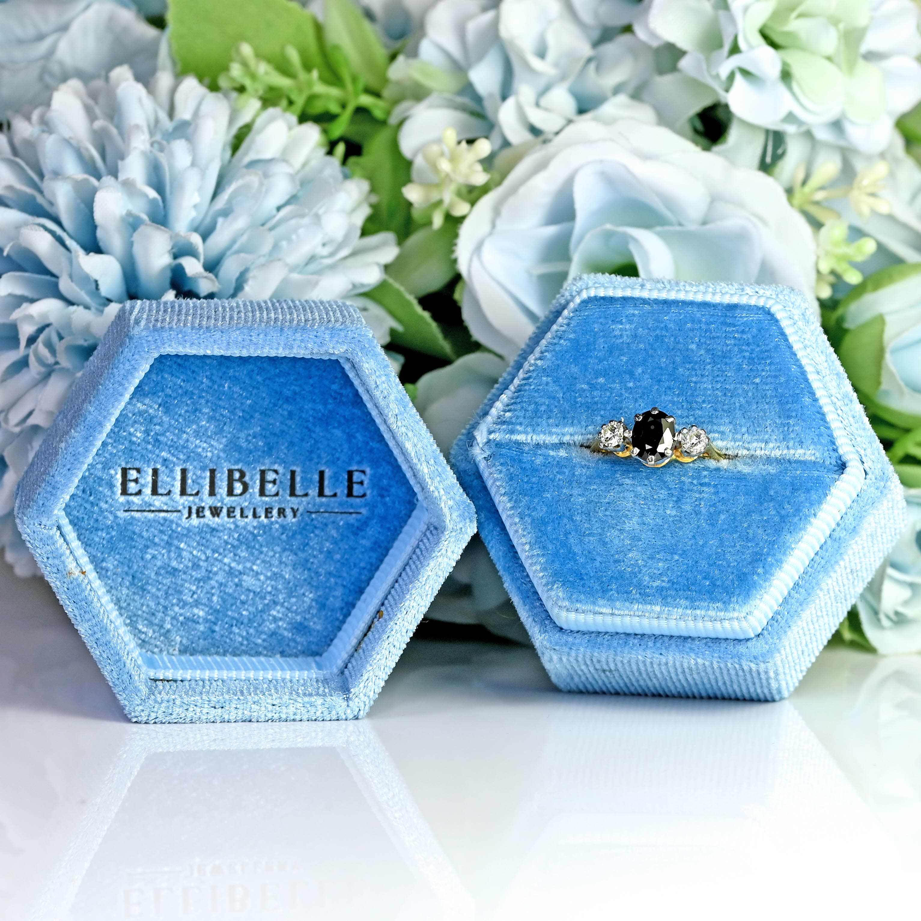 Ellibelle Jewellery Vintage 1980 Sapphire & Diamond 18ct Gold Three-Stone Engagement Ring