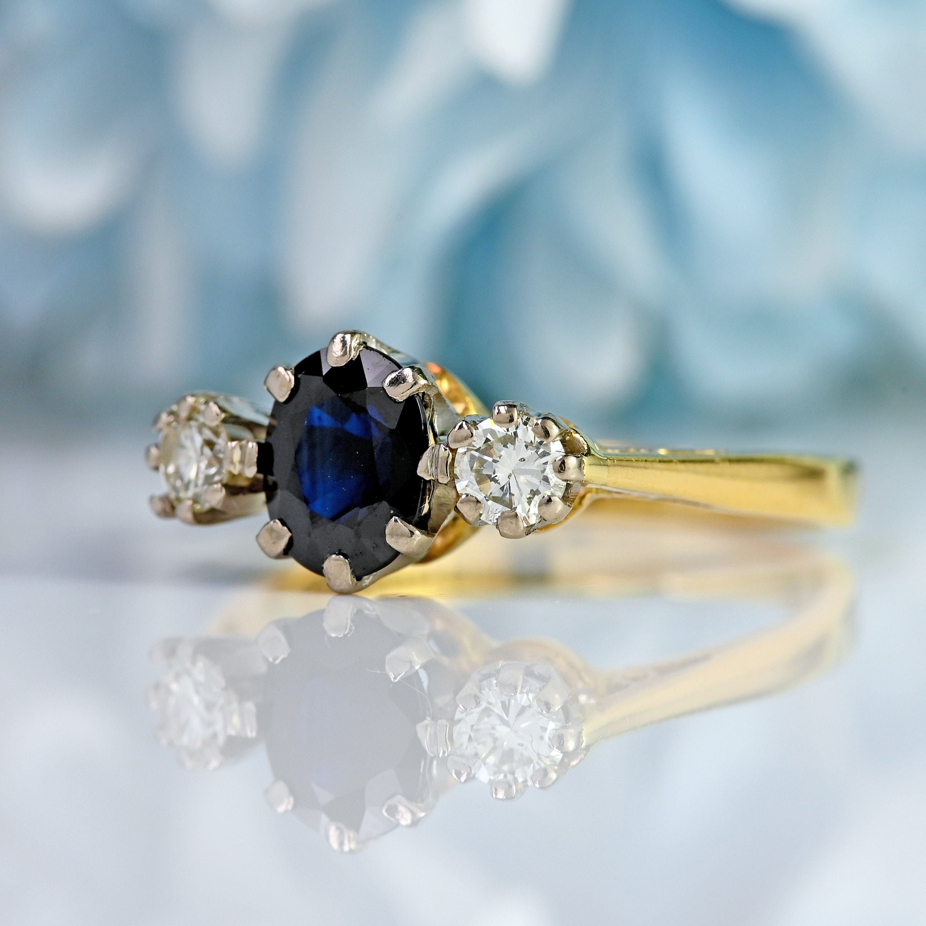 Ellibelle Jewellery Vintage 1980 Sapphire & Diamond 18ct Gold Three-Stone Engagement Ring