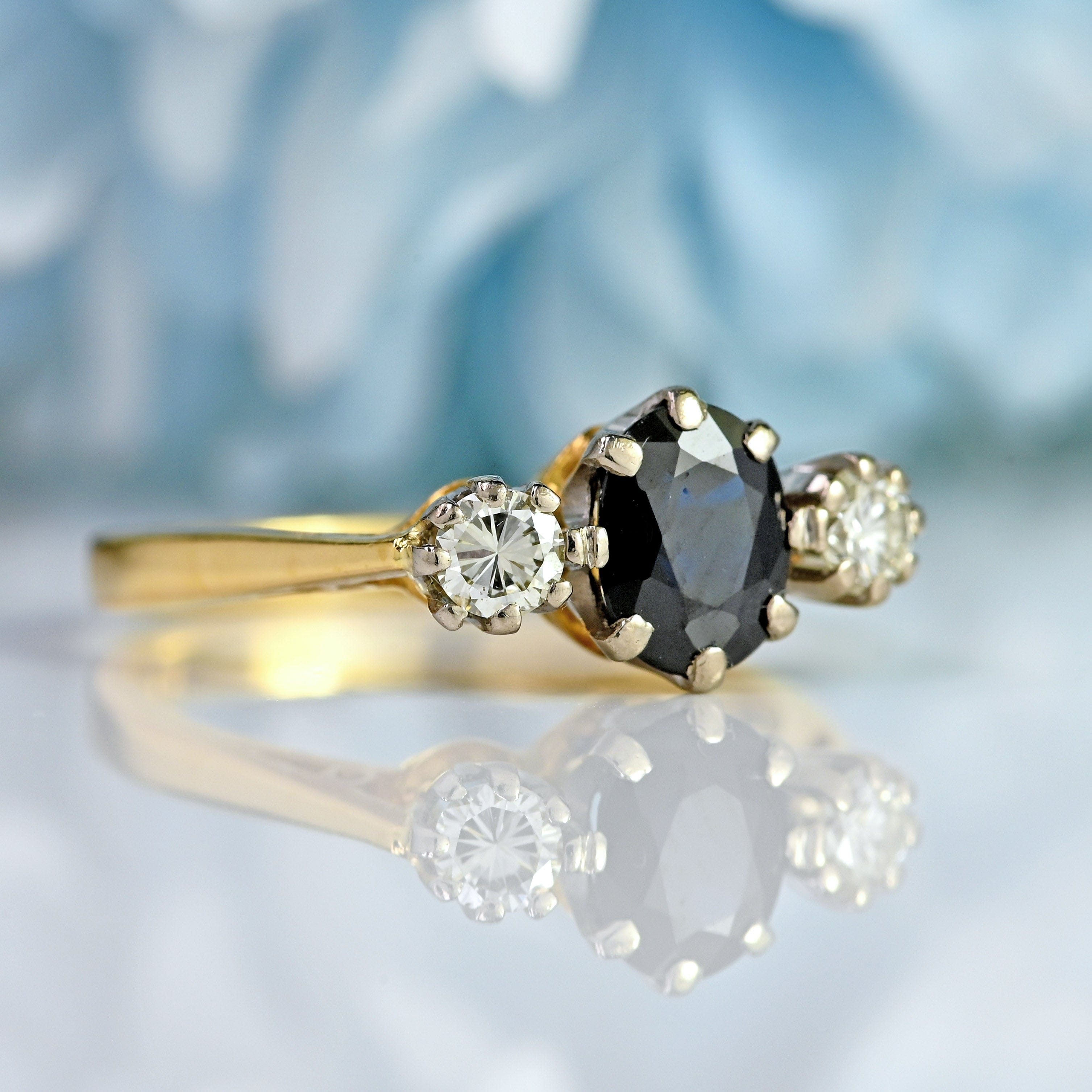 Ellibelle Jewellery Vintage 1980 Sapphire & Diamond 18ct Gold Three-Stone Engagement Ring