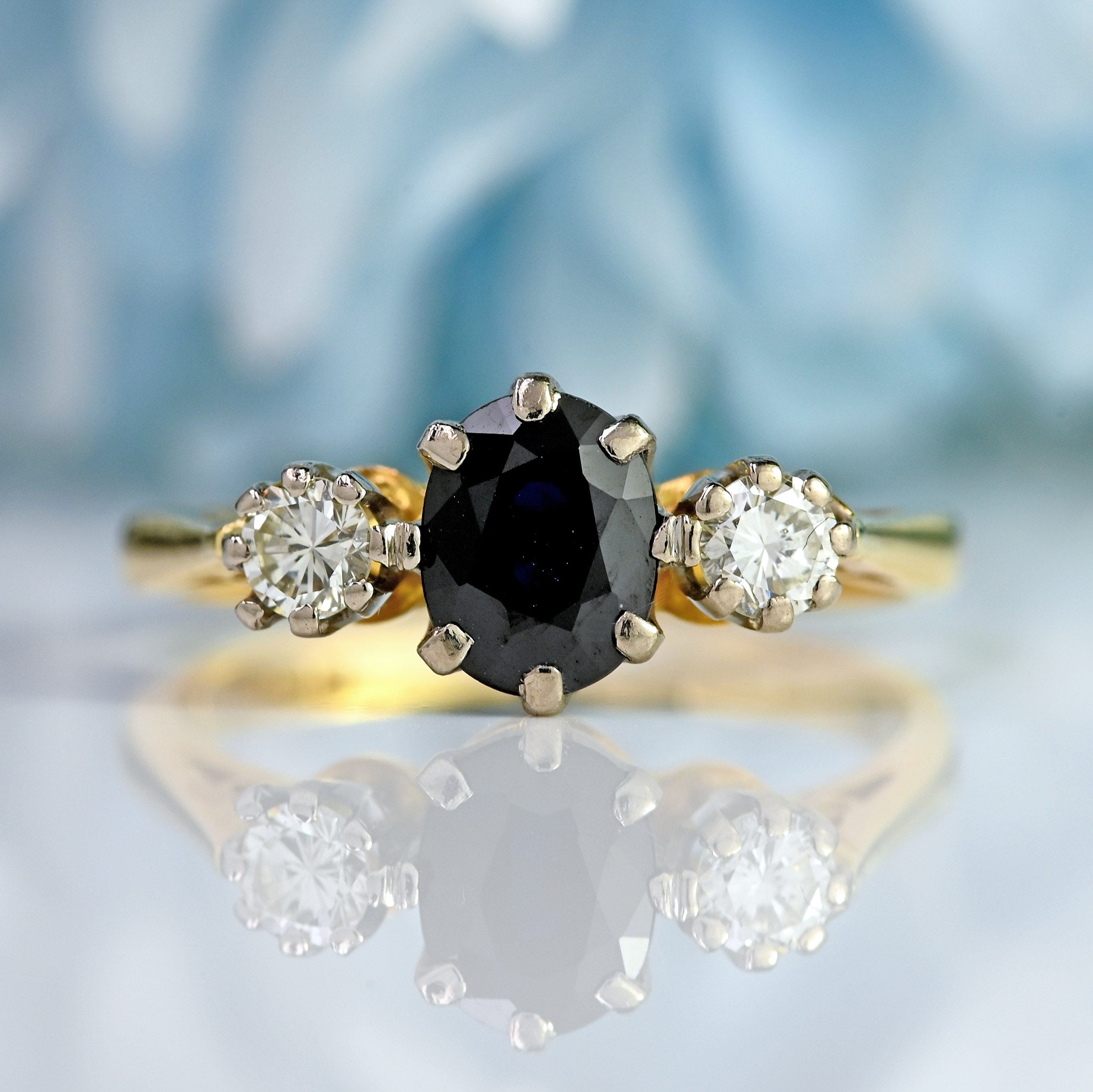 Ellibelle Jewellery Vintage 1980 Sapphire & Diamond 18ct Gold Three-Stone Engagement Ring