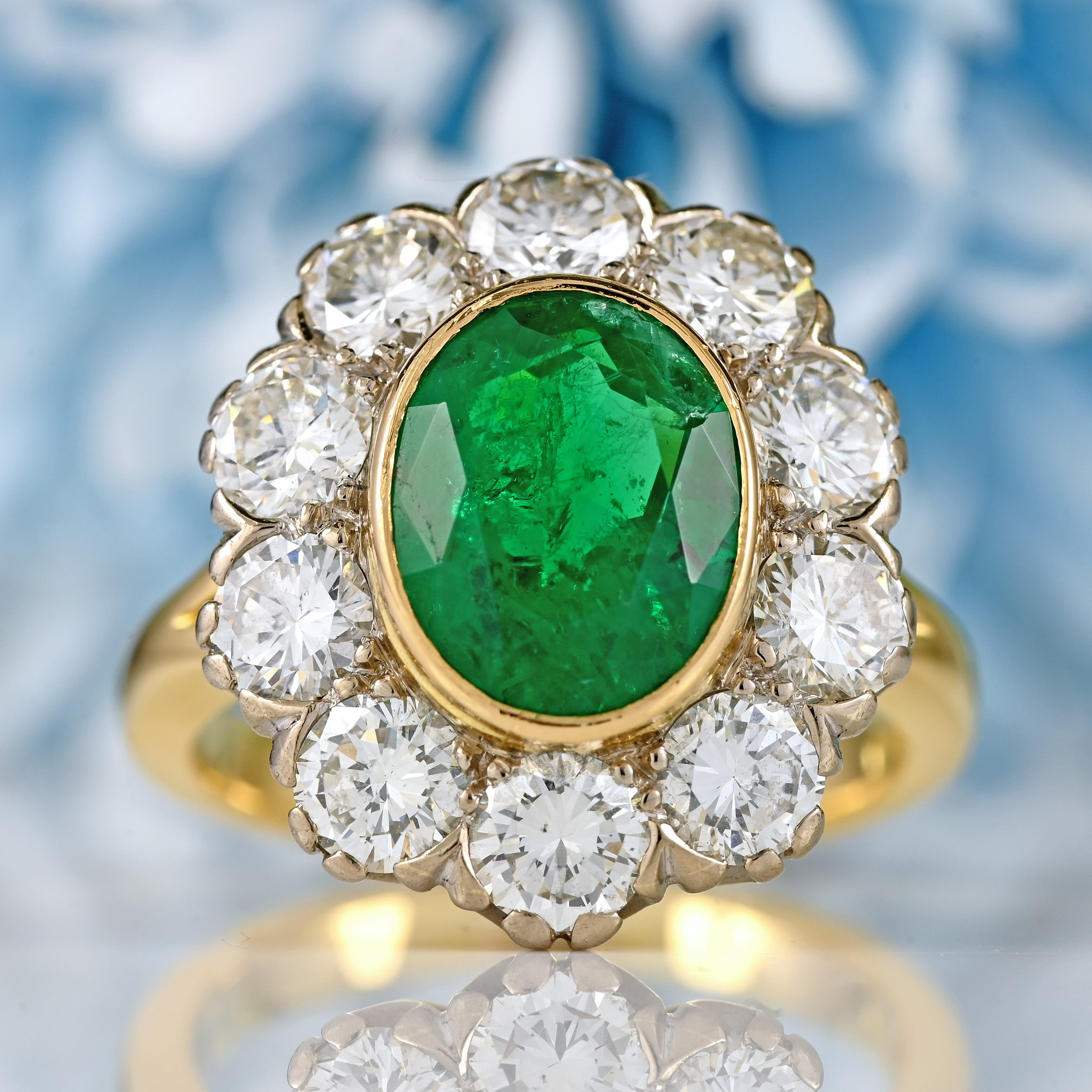 Ellibelle Jewellery Vintage 1980 Zambian Emerald & Diamond 18ct Gold Cluster Ring (3.60cts)