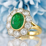 Ellibelle Jewellery Vintage 1980 Zambian Emerald & Diamond 18ct Gold Cluster Ring (3.60cts)