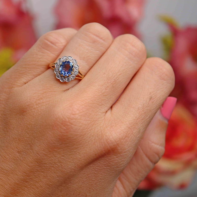 Ellibelle Jewellery Vintage 1981 Ceylon Sapphire & Diamond 18ct Gold Cluster Ring
