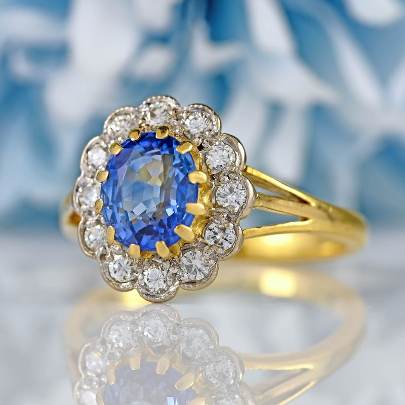 Ellibelle Jewellery Vintage 1981 Ceylon Sapphire & Diamond 18ct Gold Cluster Ring
