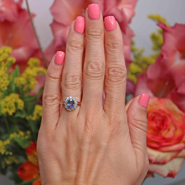 Ellibelle Jewellery Vintage 1981 Ceylon Sapphire & Diamond 18ct Gold Cluster Ring