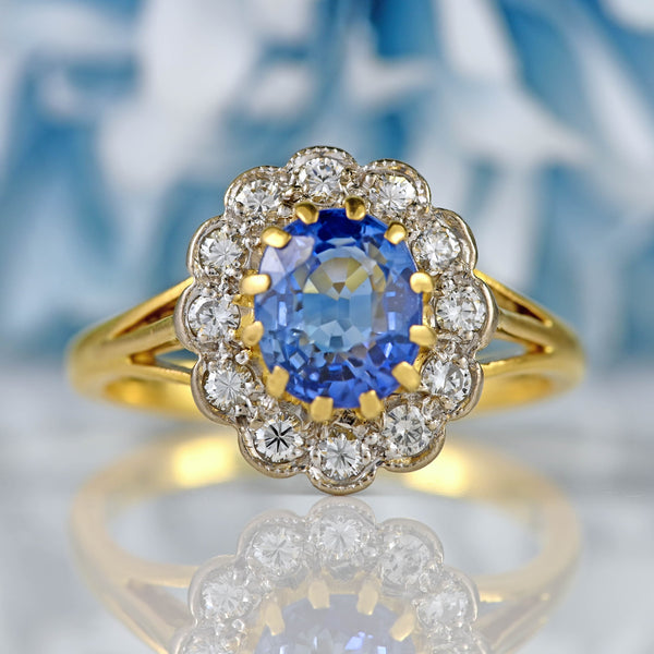 Ellibelle Jewellery Vintage 1981 Ceylon Sapphire & Diamond 18ct Gold Cluster Ring
