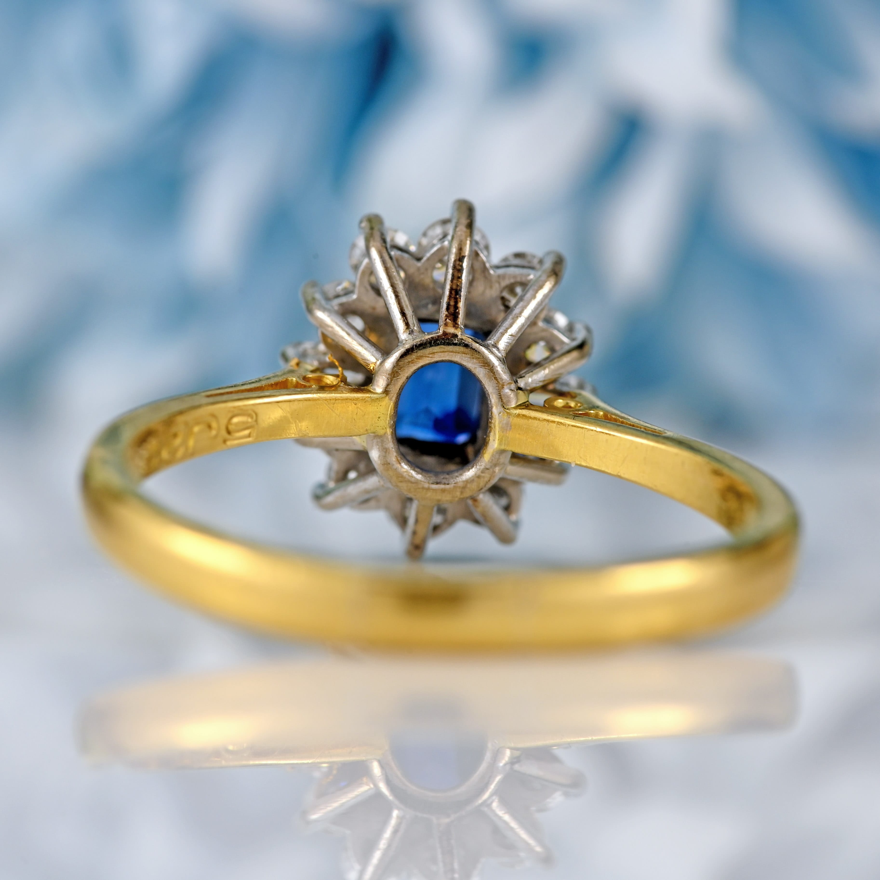 Ellibelle Jewellery Vintage 1981 Emerald-Cut Sapphire & Vari-Cut Diamond 18ct Gold Cluster Ring