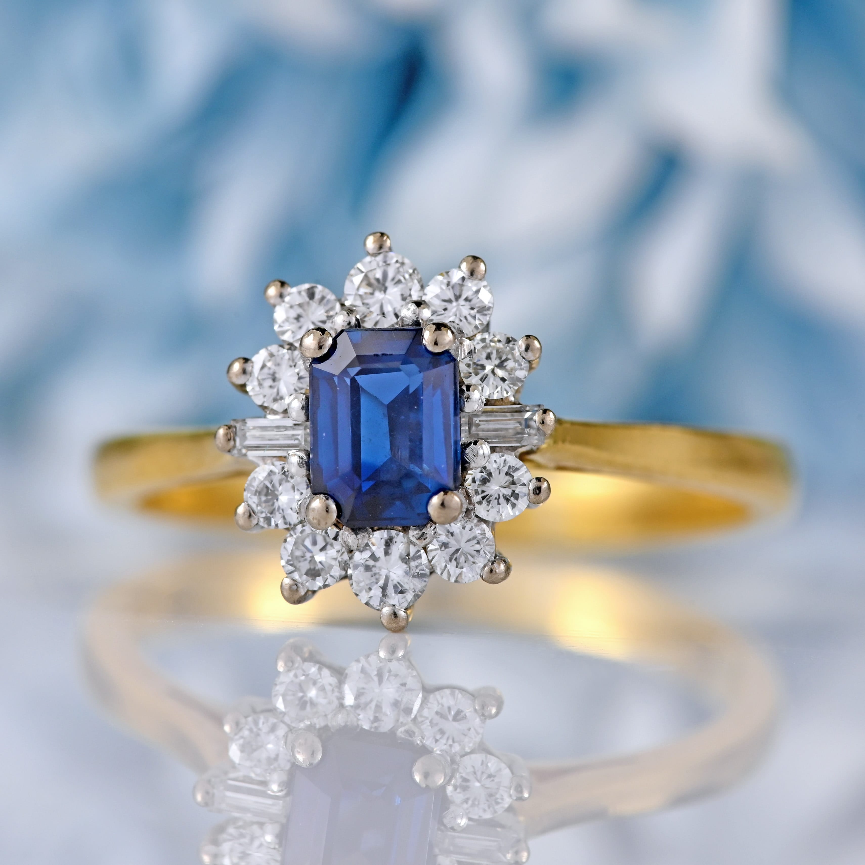 Ellibelle Jewellery Vintage 1981 Emerald-Cut Sapphire & Vari-Cut Diamond 18ct Gold Cluster Ring