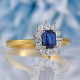 Ellibelle Jewellery Vintage 1981 Emerald-Cut Sapphire & Vari-Cut Diamond 18ct Gold Cluster Ring