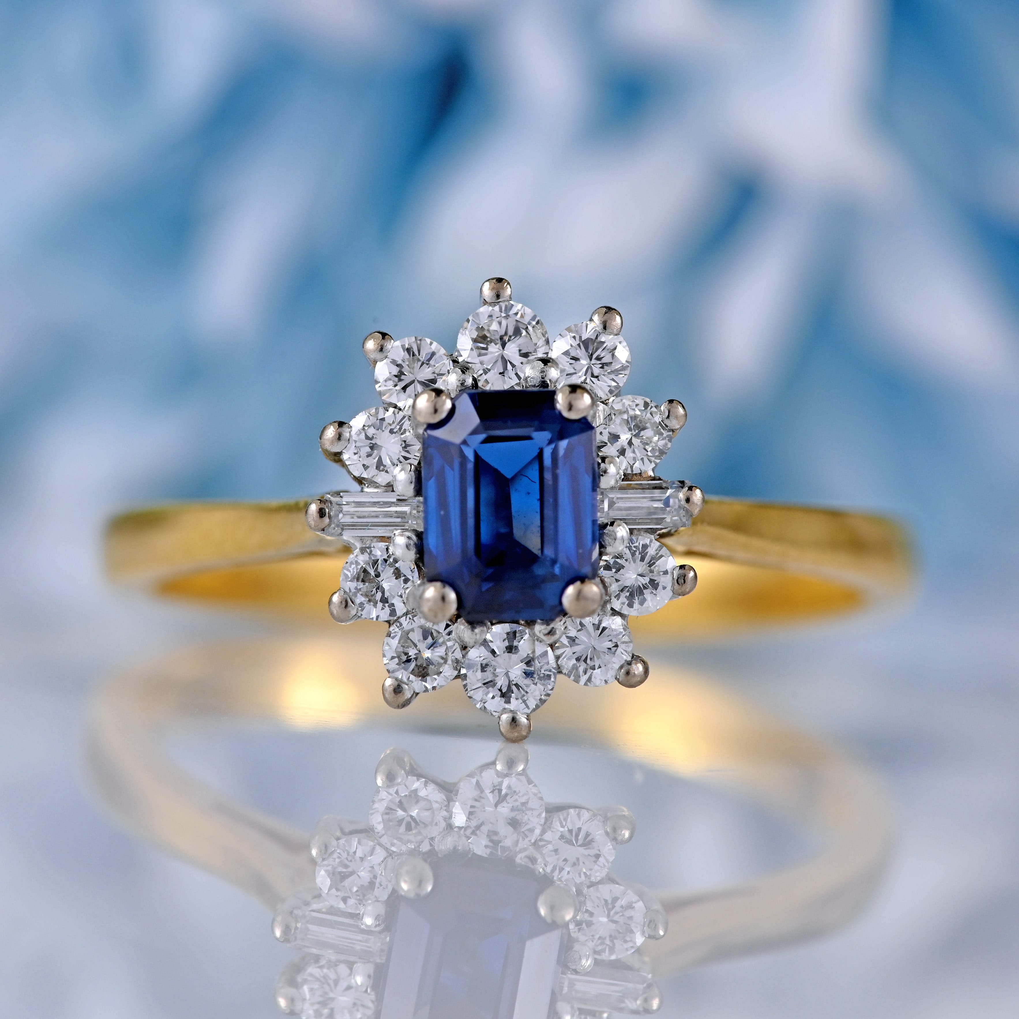 Ellibelle Jewellery Vintage 1981 Emerald-Cut Sapphire & Vari-Cut Diamond 18ct Gold Cluster Ring