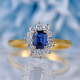 Ellibelle Jewellery Vintage 1981 Emerald-Cut Sapphire & Vari-Cut Diamond 18ct Gold Cluster Ring