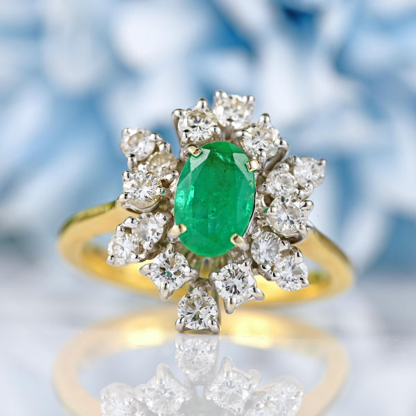 Ellibelle Jewellery Vintage 1981 Emerald & Diamond 18ct Gold Cluster Dress Ring