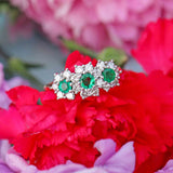 Ellibelle Jewellery Vintage 1981 Emerald & Diamond 18ct Gold Triple-Cluster Ring