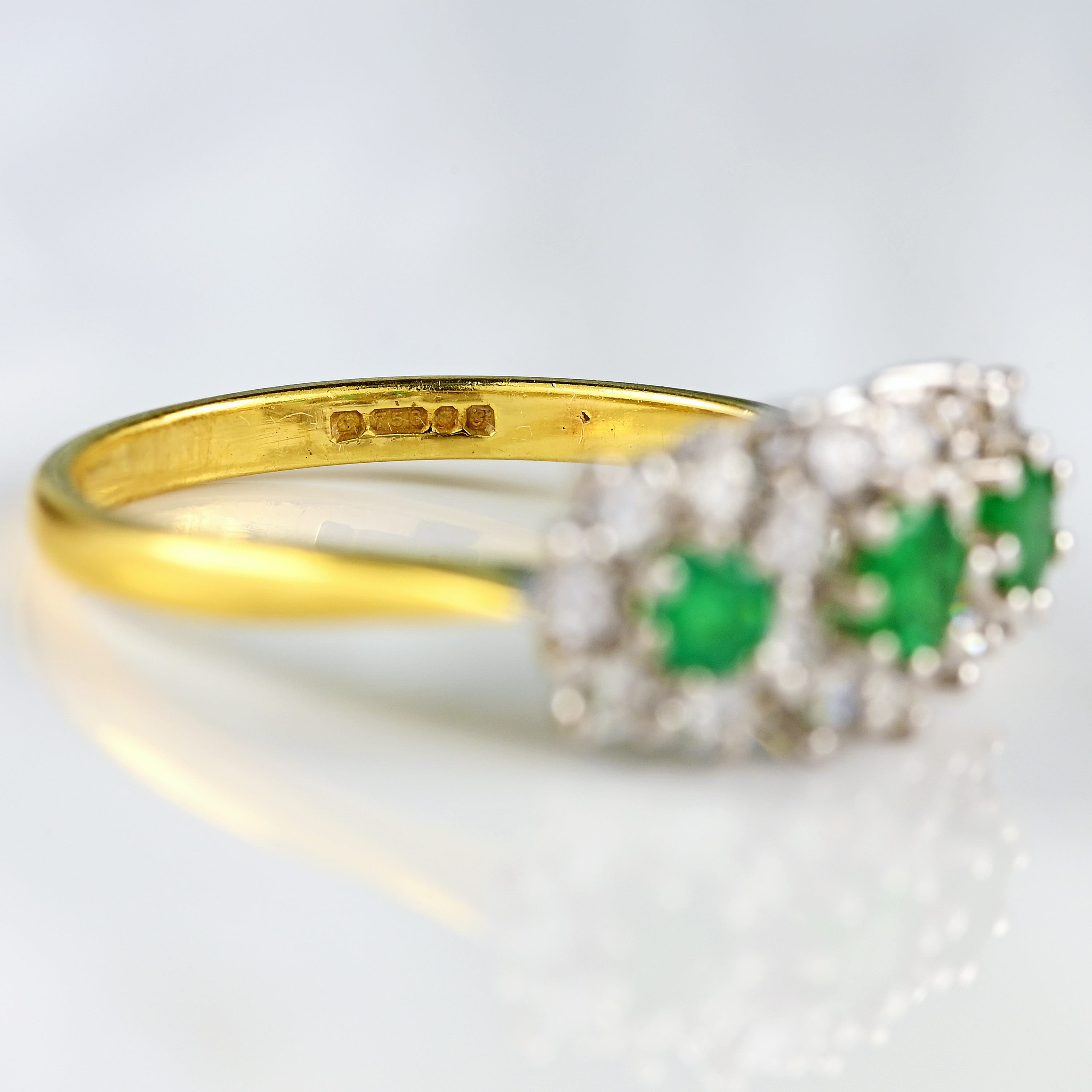 Ellibelle Jewellery Vintage 1981 Emerald & Diamond 18ct Gold Triple-Cluster Ring