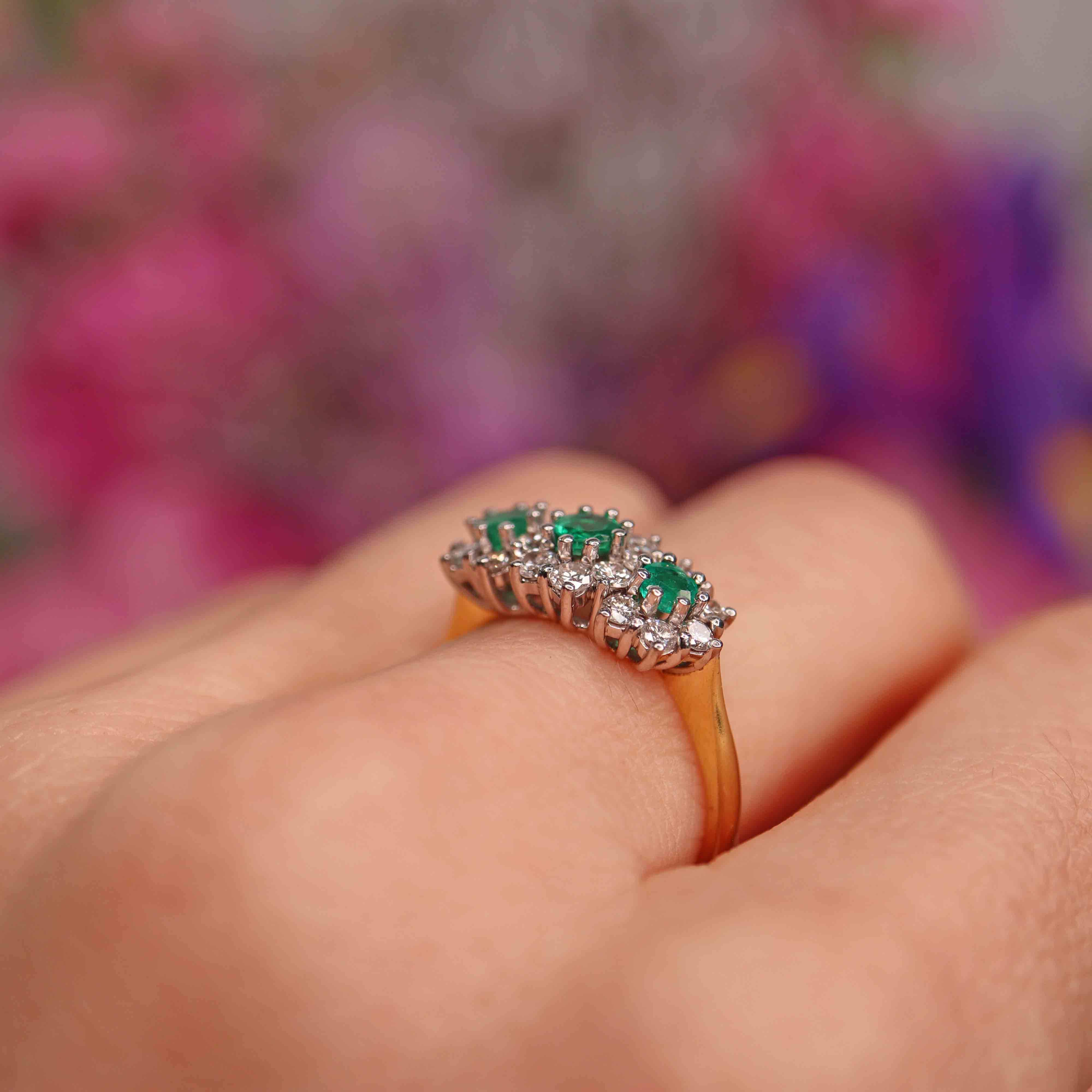 Ellibelle Jewellery Vintage 1981 Emerald & Diamond 18ct Gold Triple-Cluster Ring