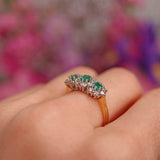 Ellibelle Jewellery Vintage 1981 Emerald & Diamond 18ct Gold Triple-Cluster Ring