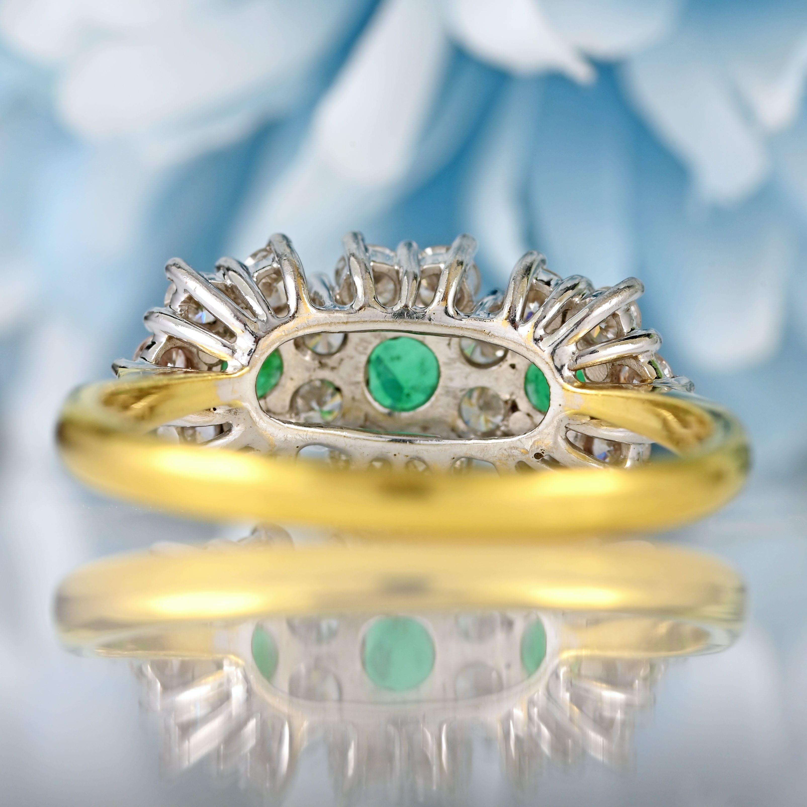 Ellibelle Jewellery Vintage 1981 Emerald & Diamond 18ct Gold Triple-Cluster Ring