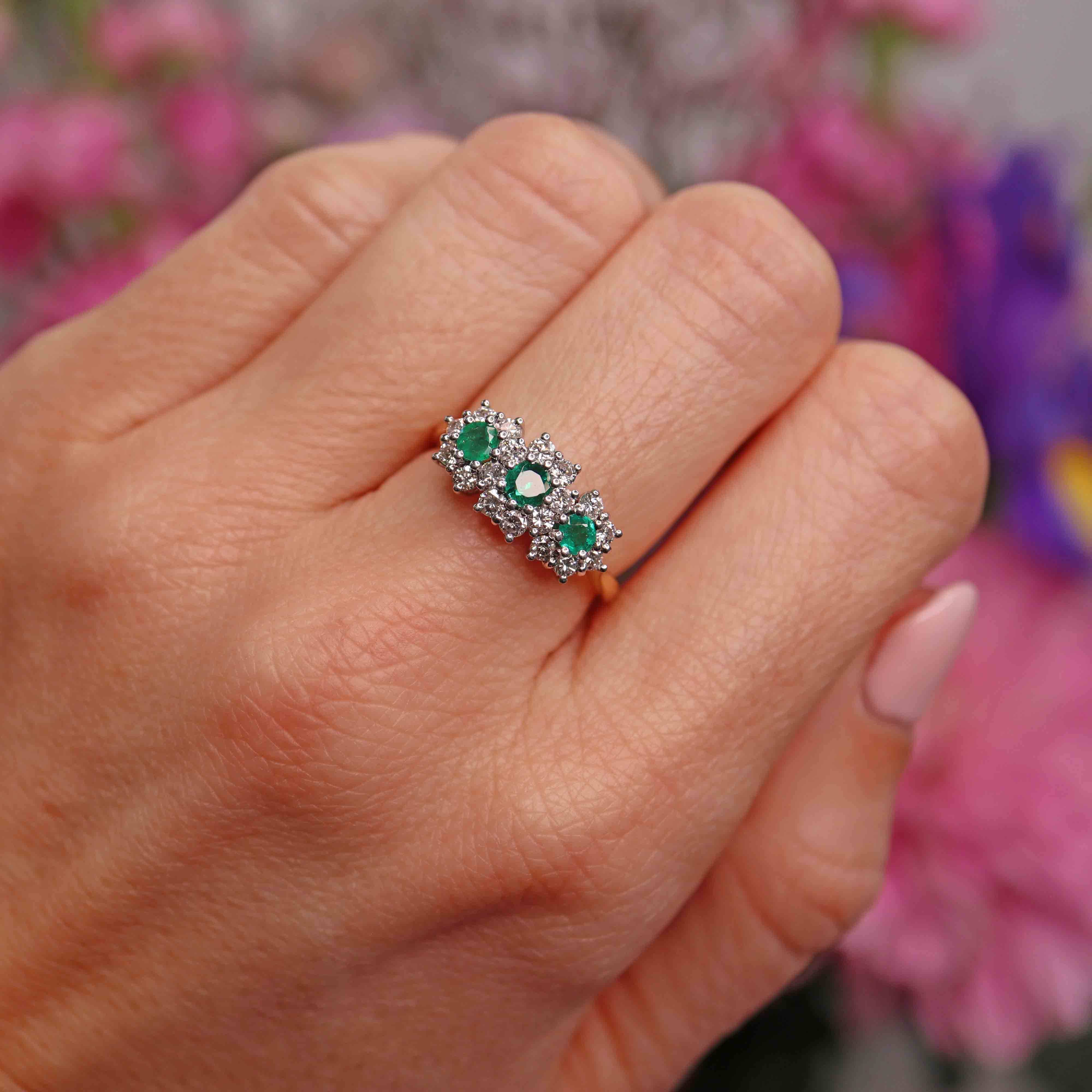 Ellibelle Jewellery Vintage 1981 Emerald & Diamond 18ct Gold Triple-Cluster Ring