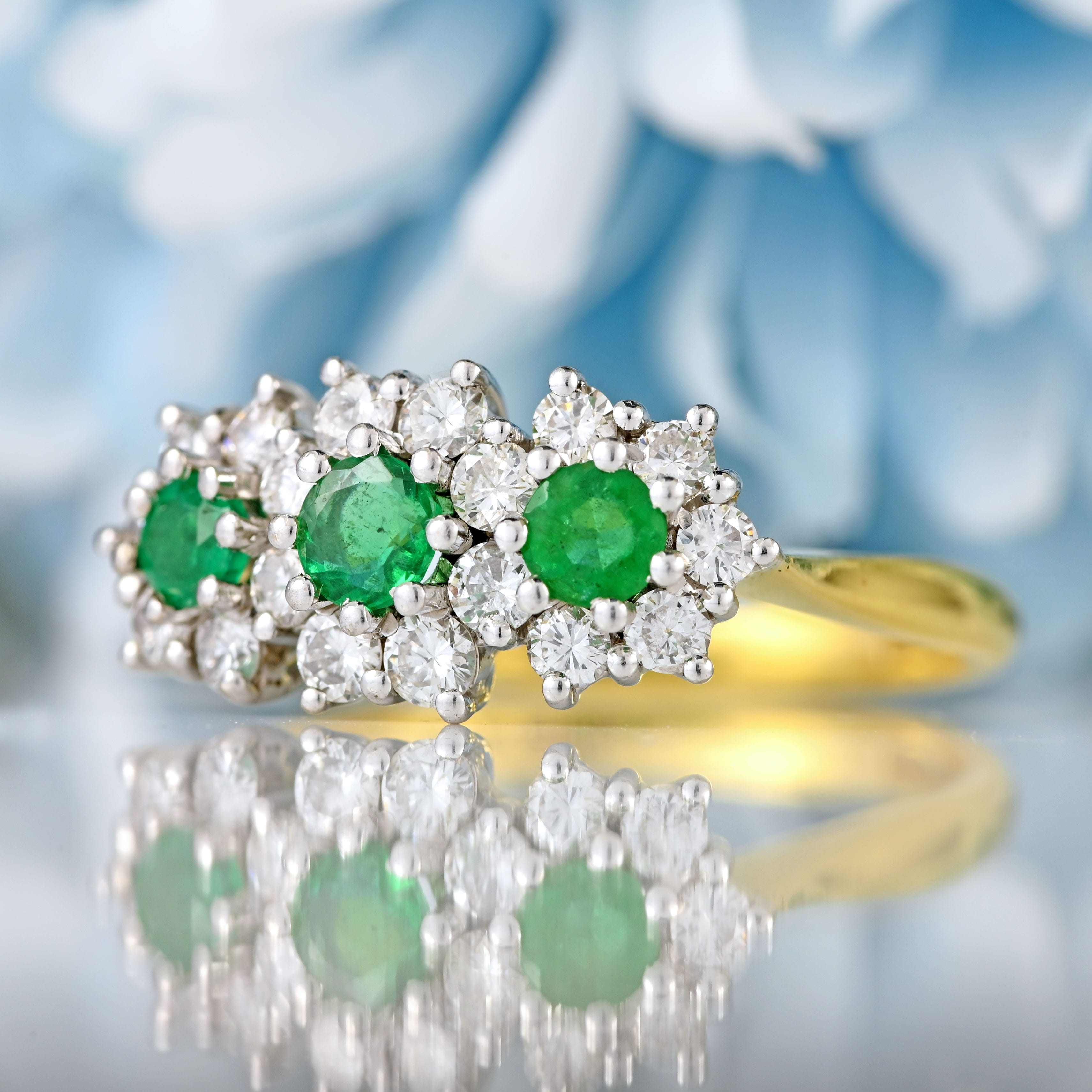 Ellibelle Jewellery Vintage 1981 Emerald & Diamond 18ct Gold Triple-Cluster Ring