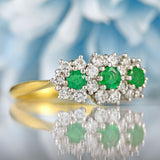 Ellibelle Jewellery Vintage 1981 Emerald & Diamond 18ct Gold Triple-Cluster Ring